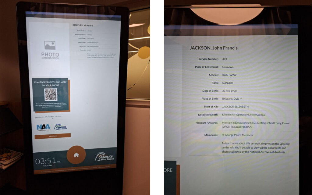 User browsing digital veteran profiles on interactive memorial display in Balonne, Queensland