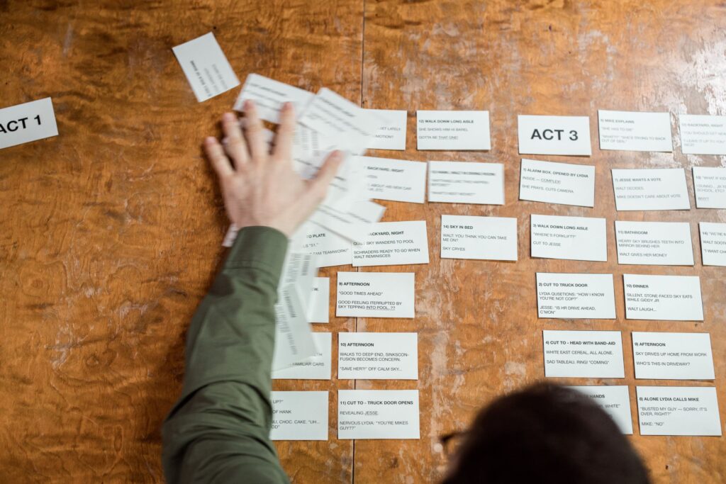 Storyboard cards laid out on a table to plan a shoot
