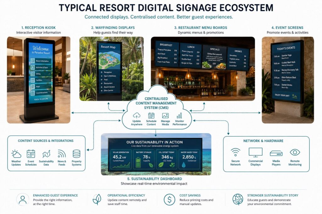 Illustration of a typical resort digital signage setup: a reception kiosk, wayfinding displays, restaurant menu boards, event screens and a sustainability dashboard, all connected to a central content management system
